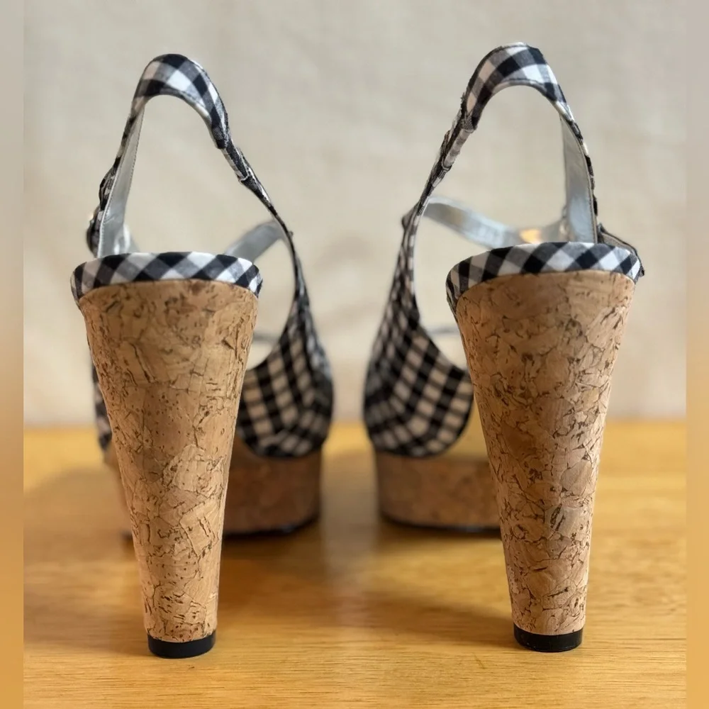 Black & White Gingham Print, Sling Back, Sequenced, Platform Heels ~ Size 7.5 🖤🤍